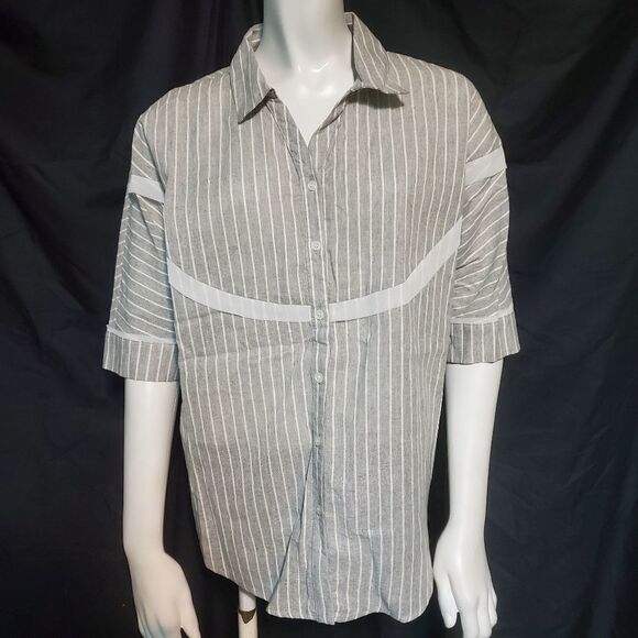 NWT Orange Creek Gray & White Striped Button Down - Picture 3 of 6